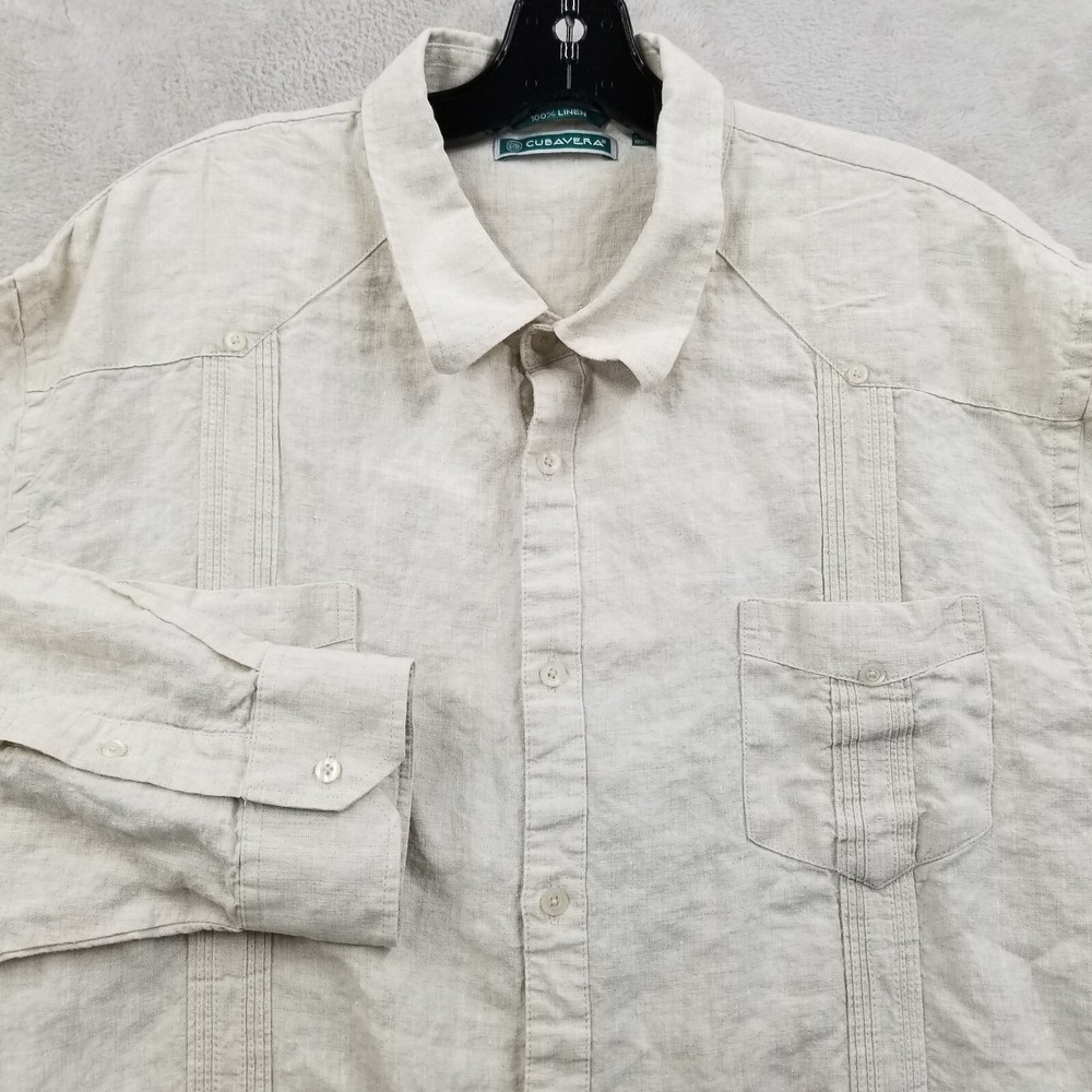 Cubavera Shirt Men XXL Beige Guayabera 100% Linen Long Sleeve Pintuck Beach